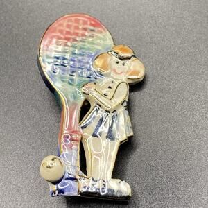 Vintage Hand Painted Ceramic Tennis Brooch Iridescent Multicolor 3”